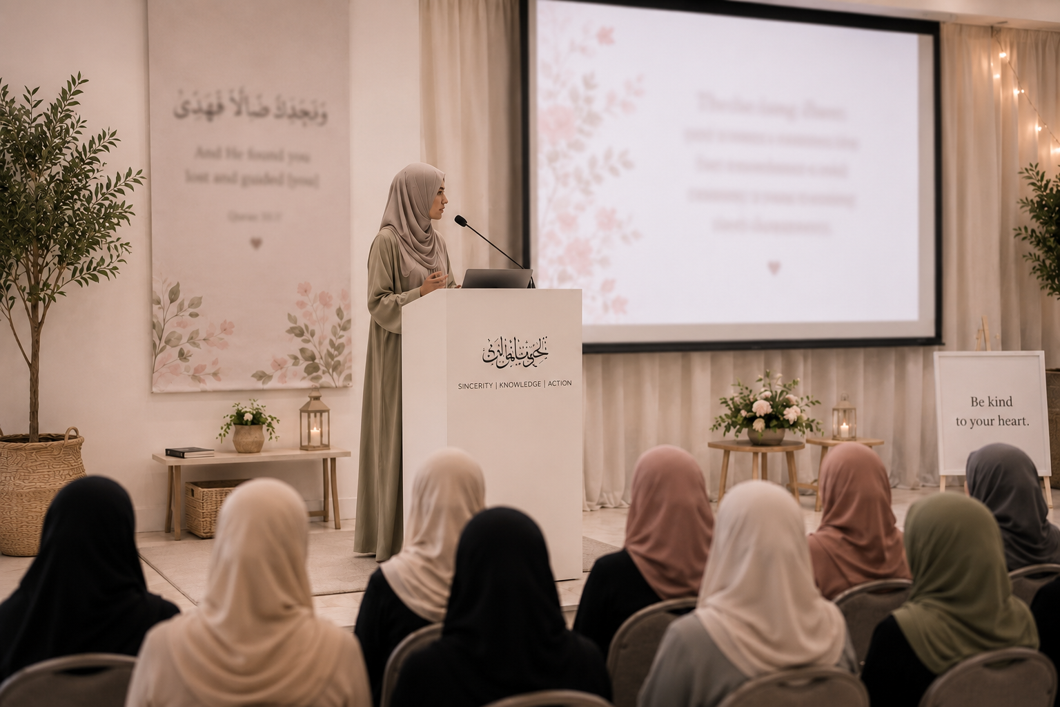 Women seated in a softly lit lecture hall