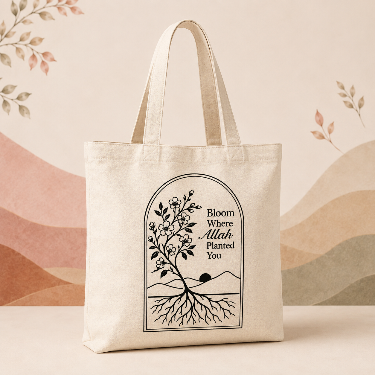 Natural canvas tote bag printed with a blossoming tree and the words Bloom Where Allah Planted You