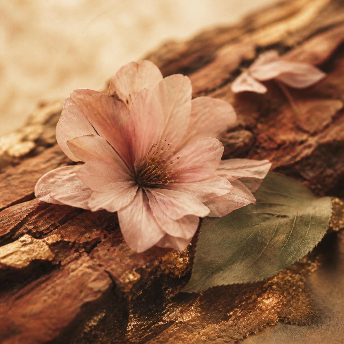 Cherry blossom petals resting on aged tree bark